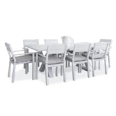 tahitian 2.1m aluminium dining table with 8 x santorini chairs white / denim grey 