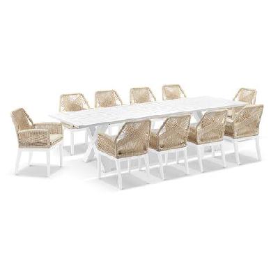tahitian 3m aluminium dining table with 10 hugo dining chairs light oak / cream rope w/ cream 