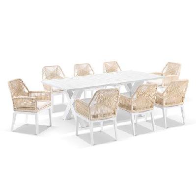 tahitian 2.1m aluminium dining table with 8 hugo dining chairs light oak / cream rope w/ cream 