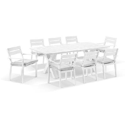 tahitian 2.1m aluminium dining table with 8x santorini chairs light oak / olefin white 