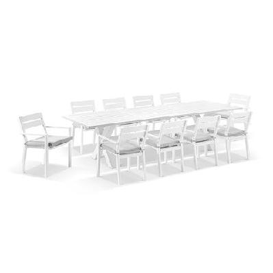 tahitian 3m aluminium dining table with 10x santorini chairs light oak / olefin white 