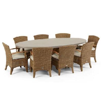 tamarama indoor outdoor oval concrete look dining setting with 8x kai wicker chairs brushed wheat / cream 