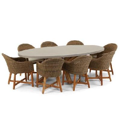 tamarama indoor outdoor oval concrete look dining setting with 8x coastal wicker chairs brushed wheat / cream 