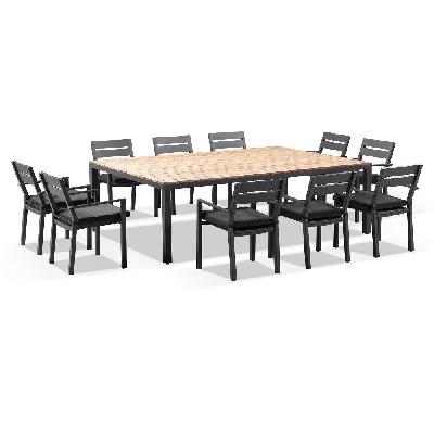 tuscany 10 seat teak top and aluminium dining setting with santorini chairs in charcoal 10 seats / white / textured olefin grey 