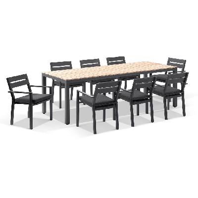 tuscany 8 seater rectangle teak top aluminium dining setting with santorini chairs 8 seats / white / textured olefin grey 