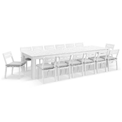 santorini 3.55m outdoor aluminium dining setting with 14x armless chairs white / textured olefin grey 