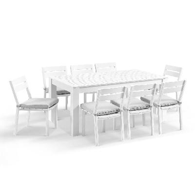 santorini 1.8m outdoor aluminium dining setting with 8x armless chairs white / textured olefin grey 