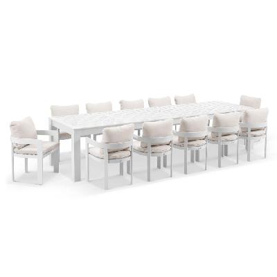 santorini 3.55m outdoor aluminium dining setting with 12x marlo chairs white / olefin white 