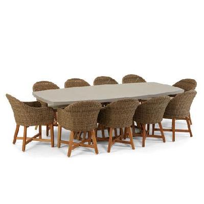 waverley 2.6m indoor outdoor concrete look dining set with 10 coastal wicker chairs brushed wheat / cream 