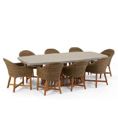 waverley 2.6m indoor outdoor concrete look dining set with 8 coastal wicker chairs brushed wheat / cream 