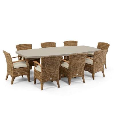 waverley 2.6m indoor outdoor concrete look dining set with 8 kai wicker chairs brushed wheat / cream 