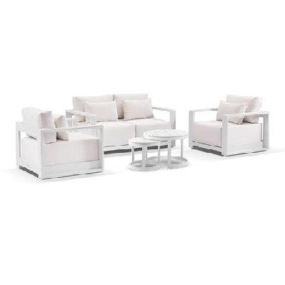 whitehaven 2+1+1 outdoor aluminium lounge with sunbrella cushions with hugo coffee table set white / sunbrella canvas canvas 