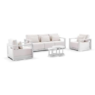 whitehaven 3+1+1 outdoor aluminium lounge with sunbrella cushions with hugo coffee table set white / sunbrella canvas canvas 