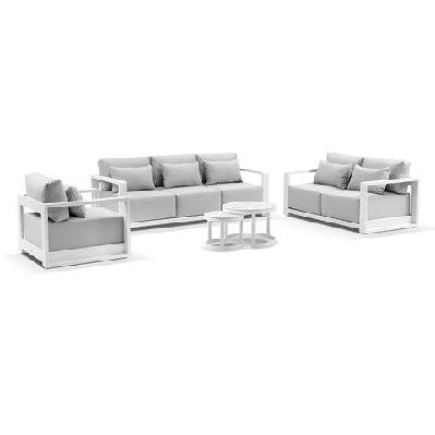 whitehaven 3+2+1 seater outdoor aluminium lounge with hugo coffee table set white / textured olefin grey