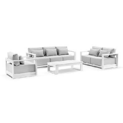 whitehaven 3+2+1 seater outdoor aluminium lounge set with santorini coffee table white / textured olefin grey