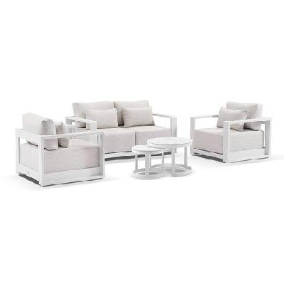 whitehaven 2+1+1 seater outdoor aluminium lounge with hugo round coffee table set white / textured olefin grey 