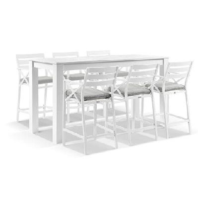 santorini outdoor 2m rectangle aluminium bar table with 6x kansas bar stools charcoal / denim grey 