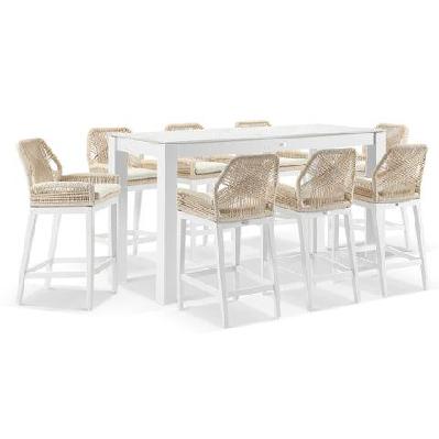 hugo outdoor ceramic 2m rectangle aluminium bar table with 8 x hugo rope bar stools 8 seats / charcoal / denim grey 