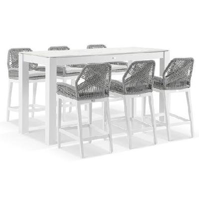 hugo outdoor ceramic 2m rectangle aluminium bar table with 6 x hugo rope bar stools 6 seats / white / textured olefin grey 