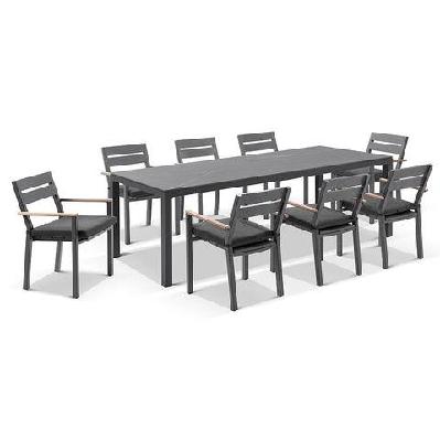 tuscany ceramic 8 rectangle seat with capri chairs with teak arm rests 