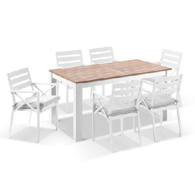 balmoral 1.8m teak top aluminium table with 6 kansas dining chairs 6 seats / white / textured olefin grey 