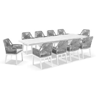 austin outdoor 2.2m - 3m extension aluminium table with 10 hugo rope dining chairs white / grey rope / textured grey 