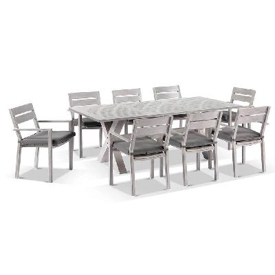 aged teak look tahitian 2.1m aluminium dining setting with santorini chairs 8 seats 
