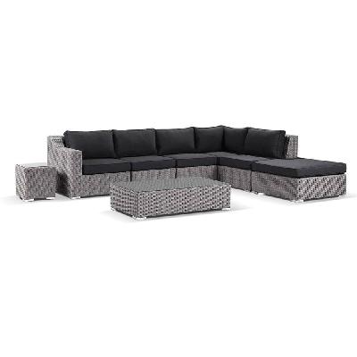 milano package c outdoor wicker corner modular chaise lounge with coffee table brushed grey / denim grey / right side 